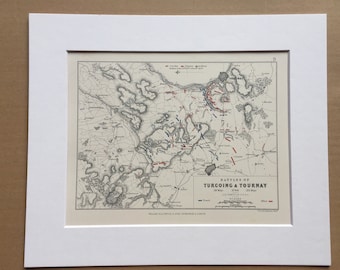 1875, Battle of Turcoing & Tournay - 1794, Original Antique Map - French - Allies - Battle Map - Military History - Available Framed