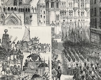 1883 Lord Mayor's Day: Procession waiting outside the New Law Courts - Indian and Colonial Trophies Original Antique Engraving