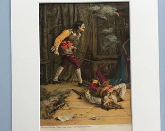 1889 A Last Stand; For Hearth and Home Original Antique Matted Lithograph painted by G.E.Robertson - Swordfighting - Pistol - Victorian Art