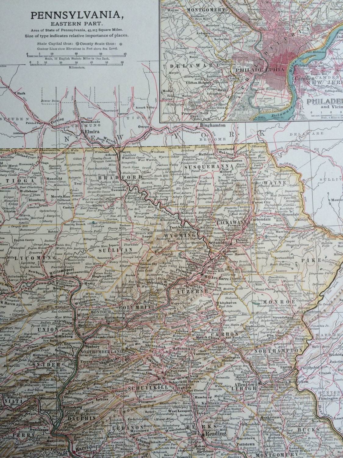 1903 EAST PENNSYLVANIA Original Large Antique Map Wall Map Home