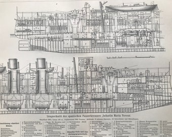 1896 Armoured Ships - Cross Section Diagram of Spanish Armoured Cruiser Original Antique Print - Victorian Technology