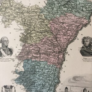 1890 Originele antieke kaart Bas-Rhin - departement Frankrijk - inzetstaalgravures van Straatsburg en lokale portretten van hoogwaardigheidsbekleders