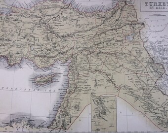 1859 TURKEY in ASIA large rare original antique A & C Black Map with inset map of the ruins of Babylon - Middle East - Syria - Iraq