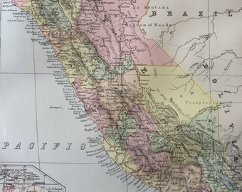 1875 Peru Original Antique Map - South America - Vintage Wall Decor - Wall Map - Available Matted and Framed