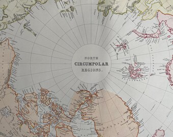 1882 North Circumpolar Regions Original Antique Map, 11 x 15 inches, Home Decor, Cartography, North Pole, Polar Regions, Arctic