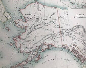 1898 Alaska Large Original Antique A & C Black Map with inset map of the Aleutian Islands - US State - Victorian Wall Decor - Gift Idea