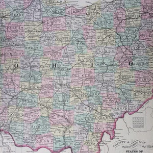 1888 OHIO County and Township large rare original antique Mitchell Map - US State Map - Wall Decor - Home Decor - Gift Idea