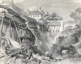 1876 Mill at Montreux Original Antique Wood Engraving - Mounted and Matted - Switzerland - Landscape - Available Framed