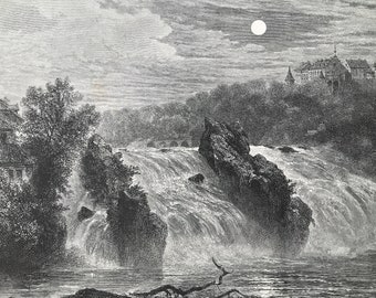1876 The Falls of the Rhine Original Antique Engraving - Germany - Mounted and Matted - Available Framed