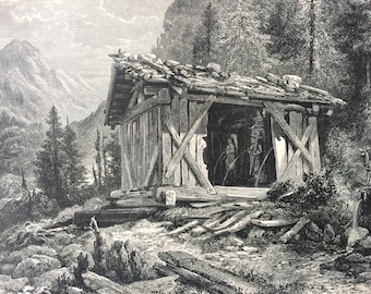 1876 Heiligen Drei Brunnen Original Antique Wood Engraving - Holy Wells of Trafoi - Italy - Mounted and Matted - Available Framed