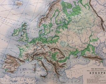 1873 Mountains, Table Lands, Plains & Valleys of Europe Original Antique Map - Geography - Physical Map - Cartography