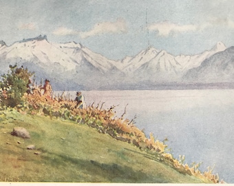 1917 The Rhone Valley from Chexbres Original Antique Print - Mounted and Matted - Available Framed - Switzerland - Mountain