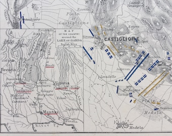 1875, Battle of Lonato & Castiglione - 1796, Original Antique Map - French,Austrian - Battle Map - Military History - Available Framed