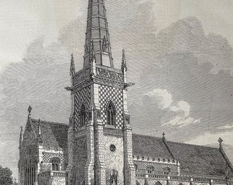 1864 St Mary Tower Church, Ipswich Original Antique Engraving - Available Framed