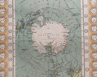 1909 South Polar Regions & Universal Time Chart Original Antique Map - Antarctica - South Pole - Exploration Routes - Available Framed