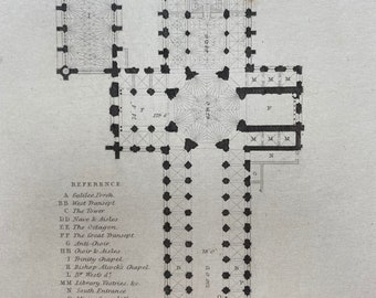 1838 Ely Cathedral - Floor Plan Original Antique Engraving - Cambridgeshire - Architecture - Mounted and Matted - Available Framed