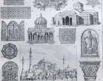 1923 Byzantine Art & Architecture Original Antique Print - Gift for Architect - Mounted and Matted - Available Framed