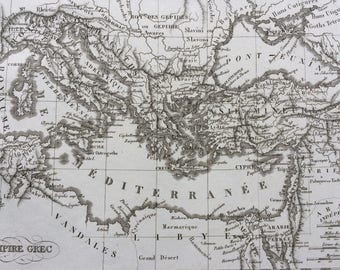 1822 Empire Grec Original Antique Engraved Ancient History Map - Fine Detail - Greece - Mounted and Matted - Greek Empire - Greece - Framed