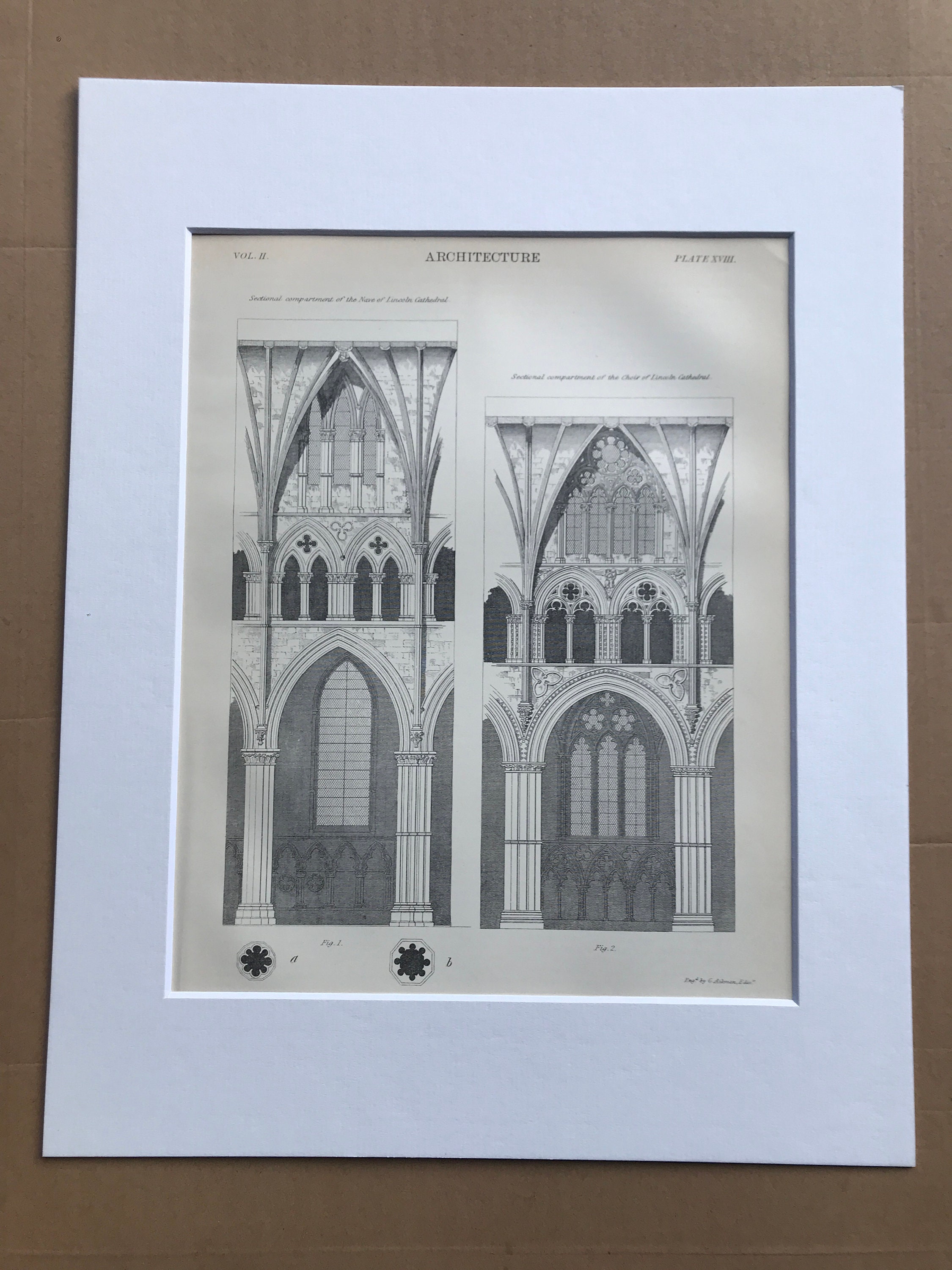 1875 Lincoln Cathedral Architecture Original Antique Matted Engraving Nave and Choir Sectional