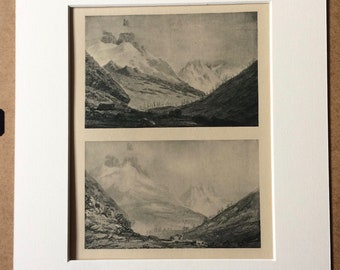 1902 Chamonix by Turner Original Antique Matted Photogravure - Fine Art Landscape - William Turner - Sepia