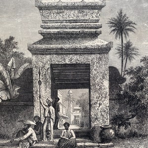 May include: An antique black and white illustration of a stone structure with an open doorway. Several people in traditional clothing are seated or standing near the entrance. Palm trees and other vegetation surround the building, suggesting a tropical setting.