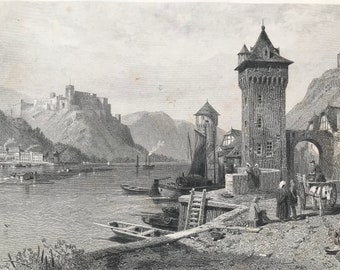 1876 St Goar Original Antique Steel Engraving - Mounted and Matted - Sankt Goar Rhineland - Germany - Available Framed