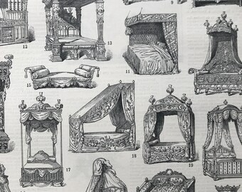 1897 Styles of Bed Original Antique Print - Furniture - Interior Design - Mounted and Matted - Available Framed