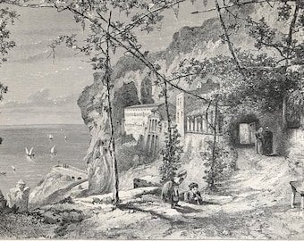 1876 At Amalfi Original Antique Wood Engraving - Mounted and Matted - Amalfi Coast - Italy - Landscape - Available Framed