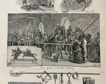 1883 The Tower of London - Armoury and Museum Original Antique Engraving - Victorian Decor - London - England - Weapons - Armour - Military