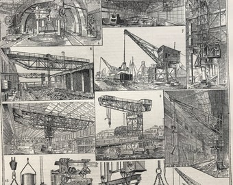 1923 Cranes Original Antique Print - Mounted and Matted - Victorian Technology - Construction - Machinery - Available Framed