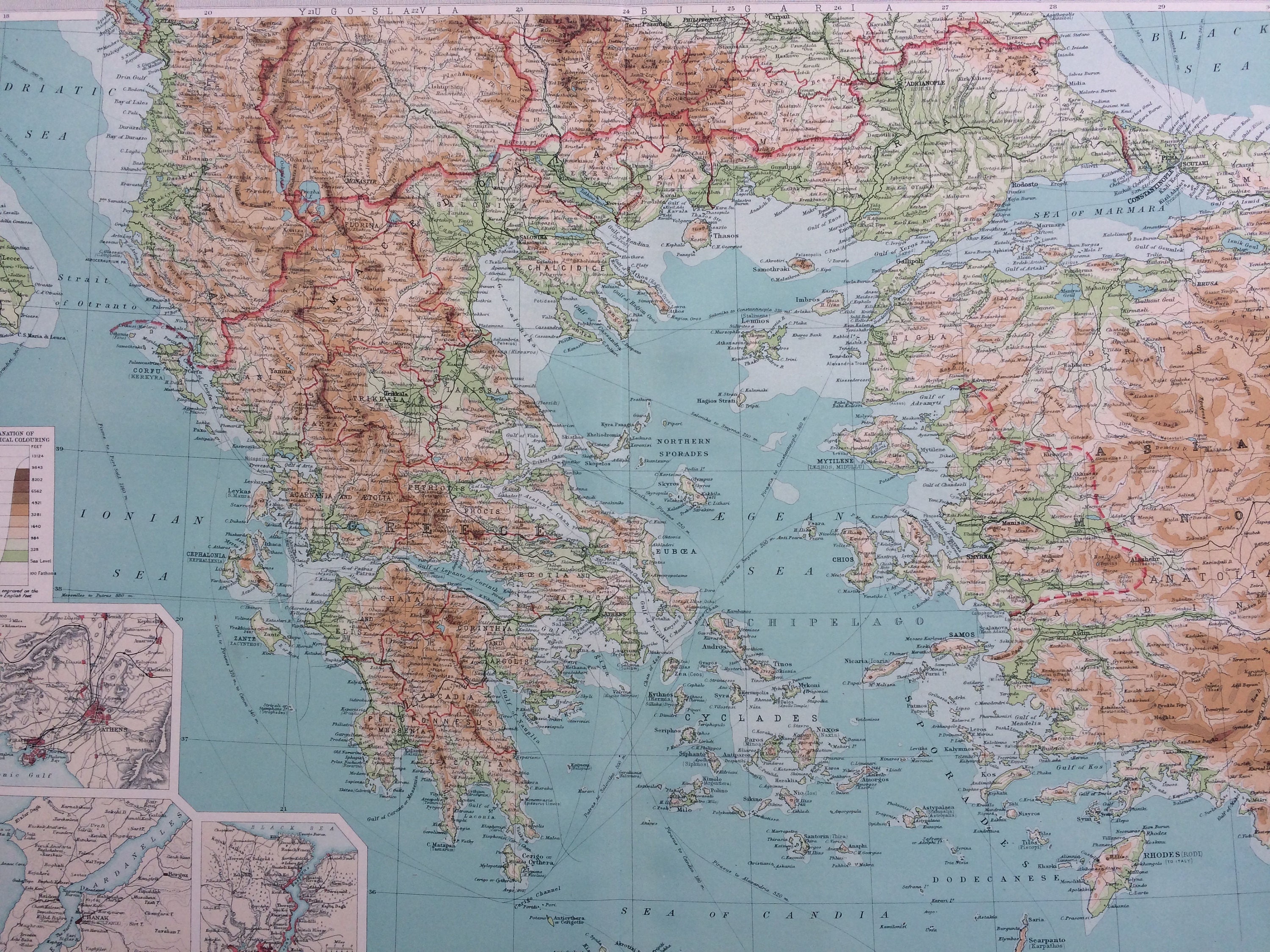 1922 Greece And The Aegean Sea Large Original Antique Times Atlas Physical Map With Inset Maps Of Athens Chanak And Constantinople 1922 Greece And The Aegean Sea Large Original Antique Times Atlas Physical Map With Inset Maps Of Athens Chanak And Constantinople