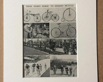 1940s From Hobby Horse to Modern Bicycle Original Vintage Print - Mounted and Matted - Cycling - Cyclist - Velodrome - Available Framed