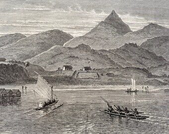 1880 View of the Mission Station, Port Moresby, New Guinea Original Antique Print - Papua New Guinea - Mounted and Matted - Available Framed