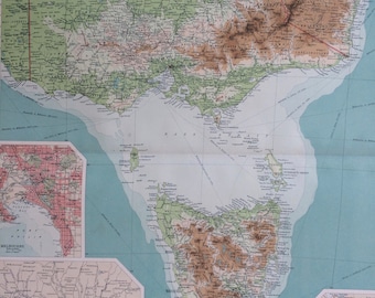 1922 VICTORIA & TASMANIA Large Original Antique Times Atlas Physical Map with inset maps of Melbourne and Hobart - Australia