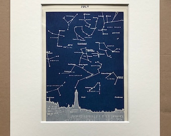 1940s July Star Map seen over Bristol Original Vintage Print - Mounted and Matted - Astronomy - Celestial Art - Available Framed