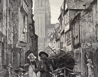 1876 Quimper Original Antique Wood Engraving - Mounted and Matted - Brittany - Street Scene - France - Available Framed