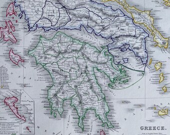 1853 Greece Original Antique Map with diagram of tallest mountains - inset map of Corfu - Hand-Coloured Vintage Wall Map - Available Framed