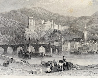 1836 Heidelberg, Germany Original Antique Print - Engraving - Mounted and Matted - Available Framed