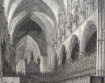 1838 Lincoln Cathedral - Choir Looking West Original Antique Engraving - Architecture - Mounted and Matted - Available Framed