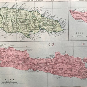 May include: Vintage map showing Jamaica, Bali, and Java, with English place names and English miles measurements. The maps are coloured in green and pink. The map has an aged appearance, with a vintage aesthetic.