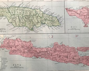 1875 Jamaica, Java and Bali Original Antique Map - Indonesia Map - Decorative Wall Art - Cartography - Available Matted and Framed