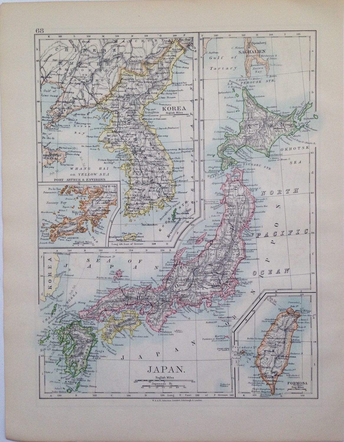 1906 Japan & Korea/Russia in Asia original antique map, historical ...