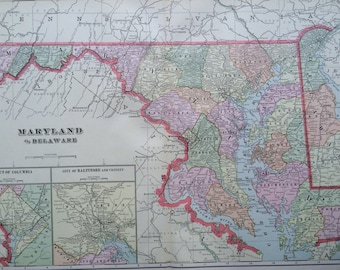 1901 MARYLAND & DELAWARE Large Original Antique Map, 22.5 x 14.5 inches, Home Decor, Cartography, Geography, Vintage Decor, US State Map