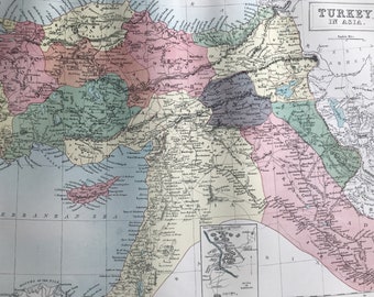 1876 Turkey in Asia Large Original Antique A & C Black Map with inset map of the Ruins of Babylon - Iraq - Syria - Asia Minor - Middle East