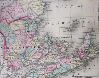 1888 Canada - New Brunswick, Nova Scotia large rare original antique Mitchell Map - Anticosti Island - Halifax - Wall Decor - Home Decor