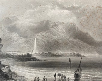 1840 Monument of General Ross, Rosstrevor, Original Antique Engraving - Landscape Scenery - Ireland - Mounted and Matted - Available Framed