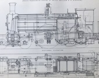 1891 Locomotive - Bogie Passenger Engine by Neilson & Co, Glasgow Original Antique Print - Train - Sectional Plan - Available Framed