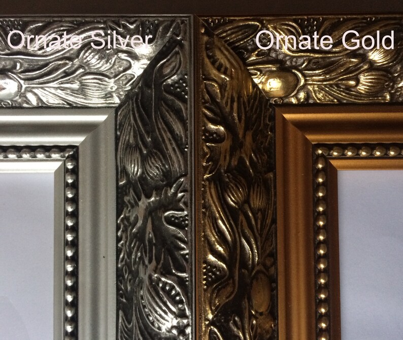 K&ouml;nnte beinhalten: Nahaufnahme von zwei verzierten Bilderrahmen. Einer ist silberfarben mit floralem Design und dem Text "Ornate Silver". Der andere ist goldfarben mit &auml;hnlichem floralem Design und dem Text "Ornate Gold". Beide Rahmen haben einen wei&szlig;en Innenraum.