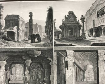 1849 Ancient Asian Civilisations Large Original Antique Print - Mounted and Matted - Available Framed - Shrine - Ruins - Temple