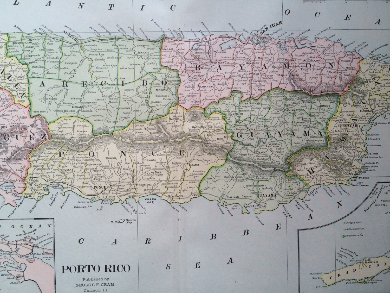 1901 PUERTO RICO Large Original Antique Map 22 5 X 14 5 Inches Home 